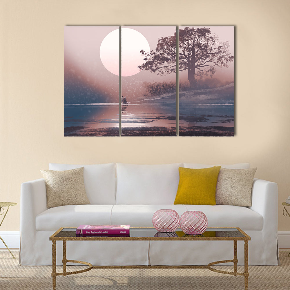 Love couple in winter landscape with huge moon above Multi Panel Canvas Wall Art