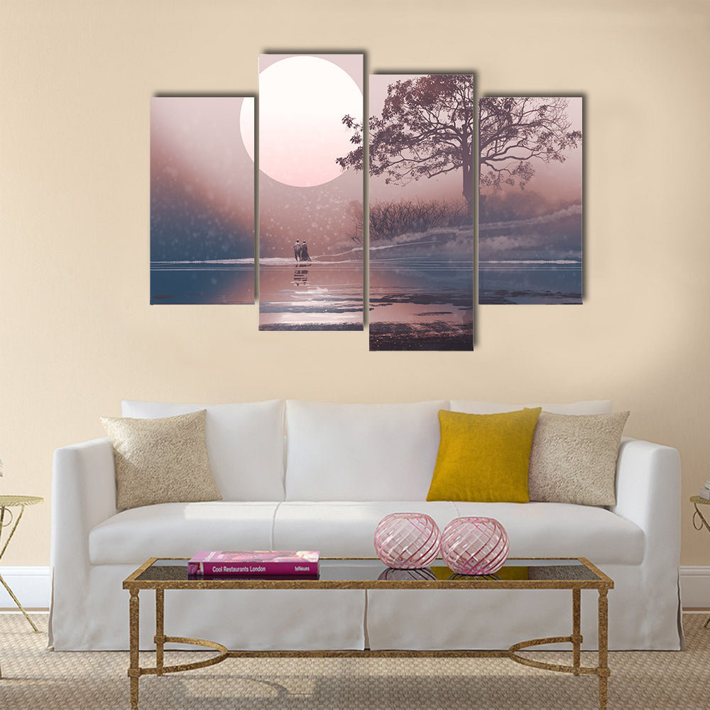 Love couple in winter landscape with huge moon above Multi Panel Canvas Wall Art