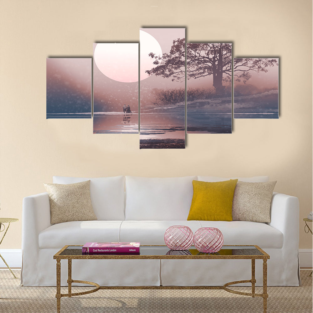 Love couple in winter landscape with huge moon above Multi Panel Canvas Wall Art