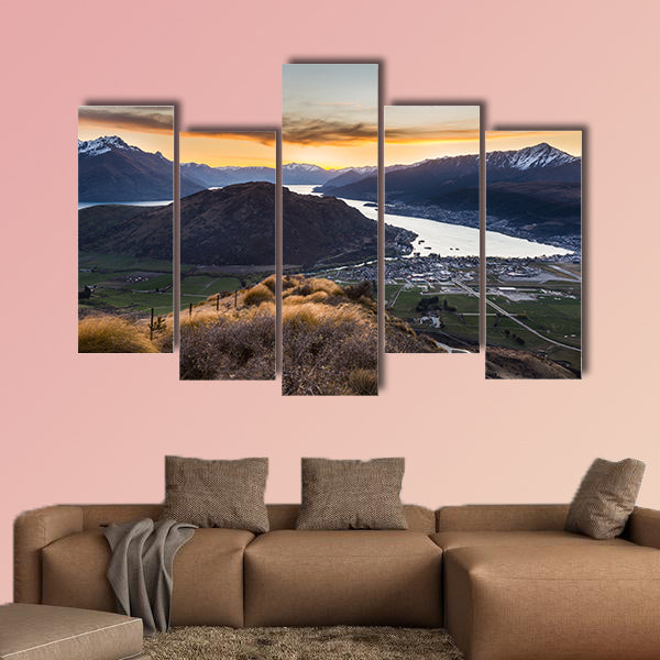 River and mountain landscape in Queenstown, New Zealand Multi panel canvas wall art
