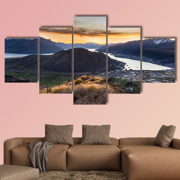 River and mountain landscape in Queenstown, New Zealand Multi panel canvas wall art