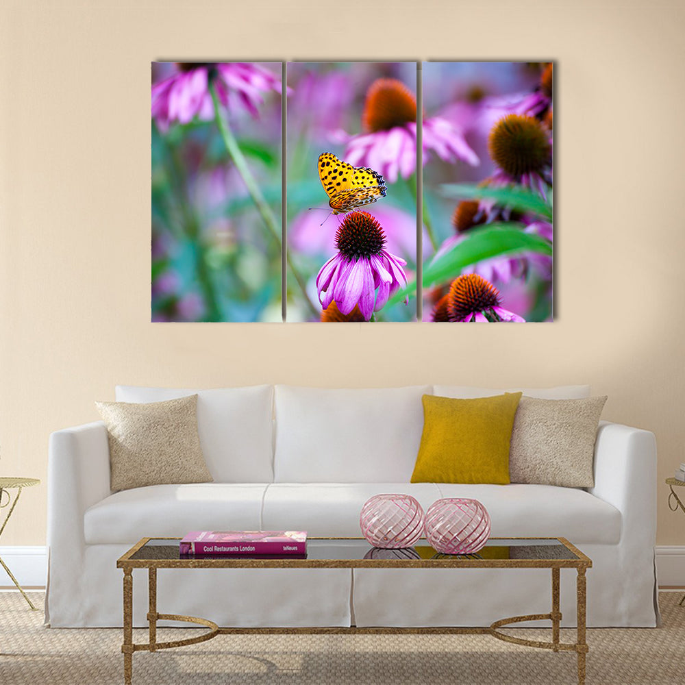 Monarch Butterfly on Cone Flowers Multi Panel Canvas Wall Art