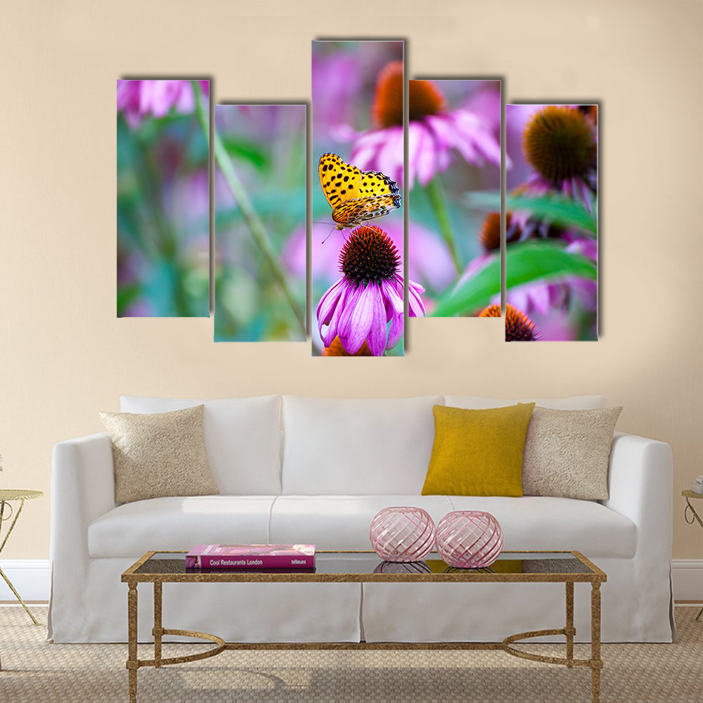 Monarch Butterfly on Cone Flowers Multi Panel Canvas Wall Art