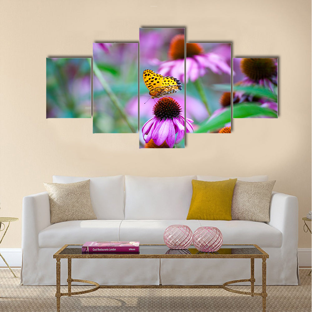 Monarch Butterfly on Cone Flowers Multi Panel Canvas Wall Art