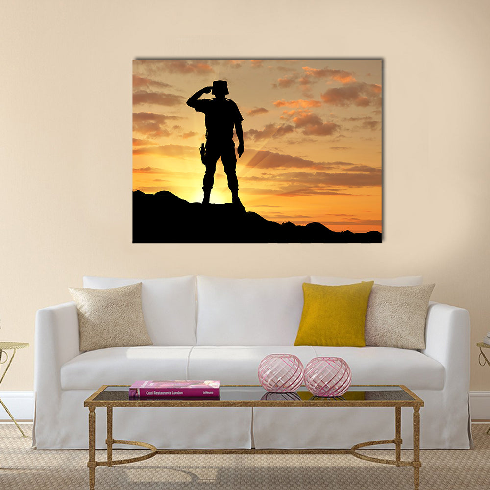 Silhouette Of A Soldier Salutes A the Sunset, Multi Panel Canvas Wall Art