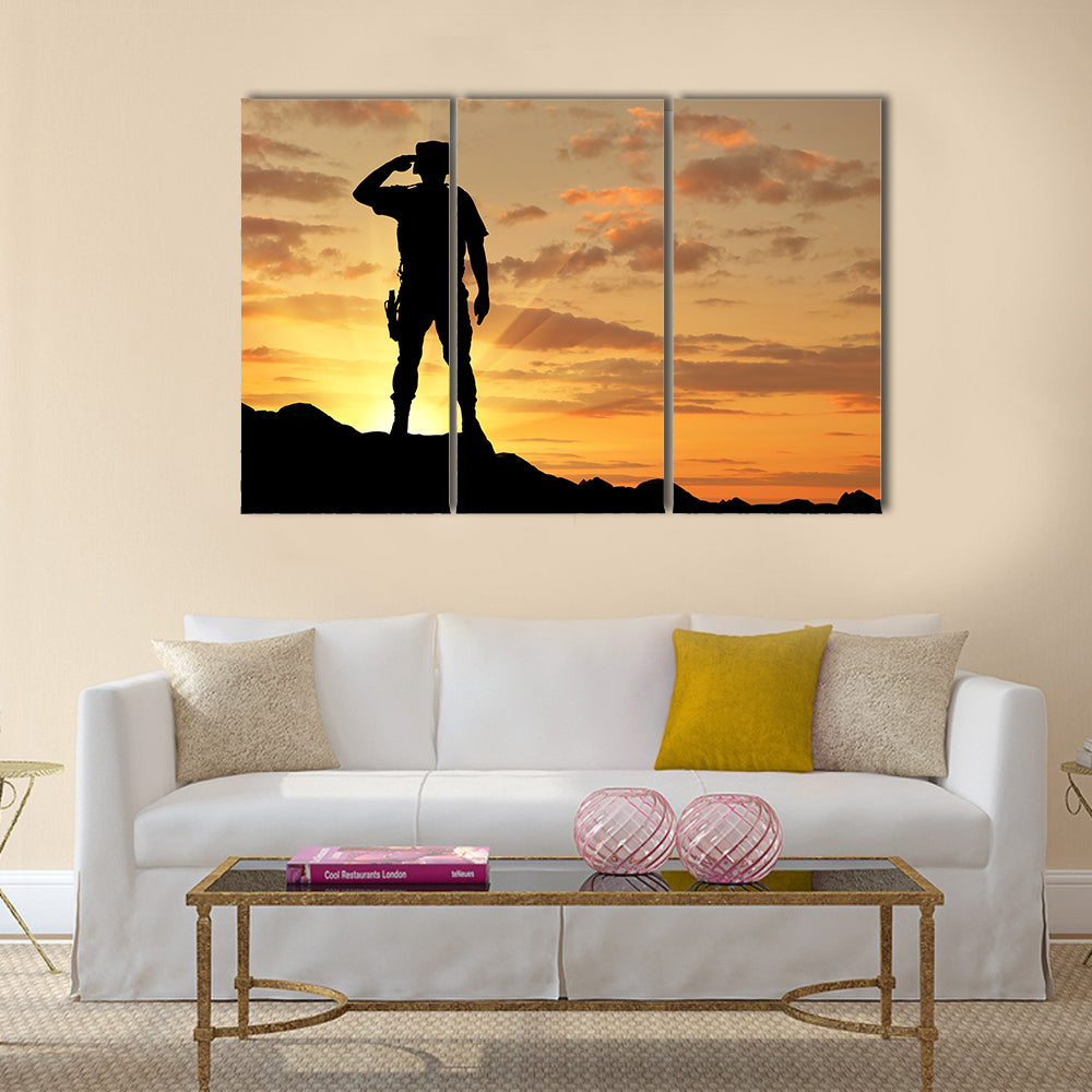 Silhouette Of A Soldier Salutes A the Sunset, Multi Panel Canvas Wall Art