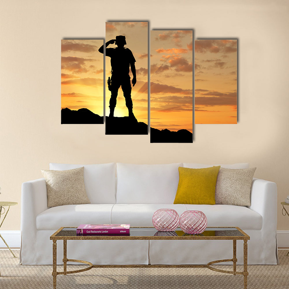 Silhouette Of A Soldier Salutes A the Sunset, Multi Panel Canvas Wall Art