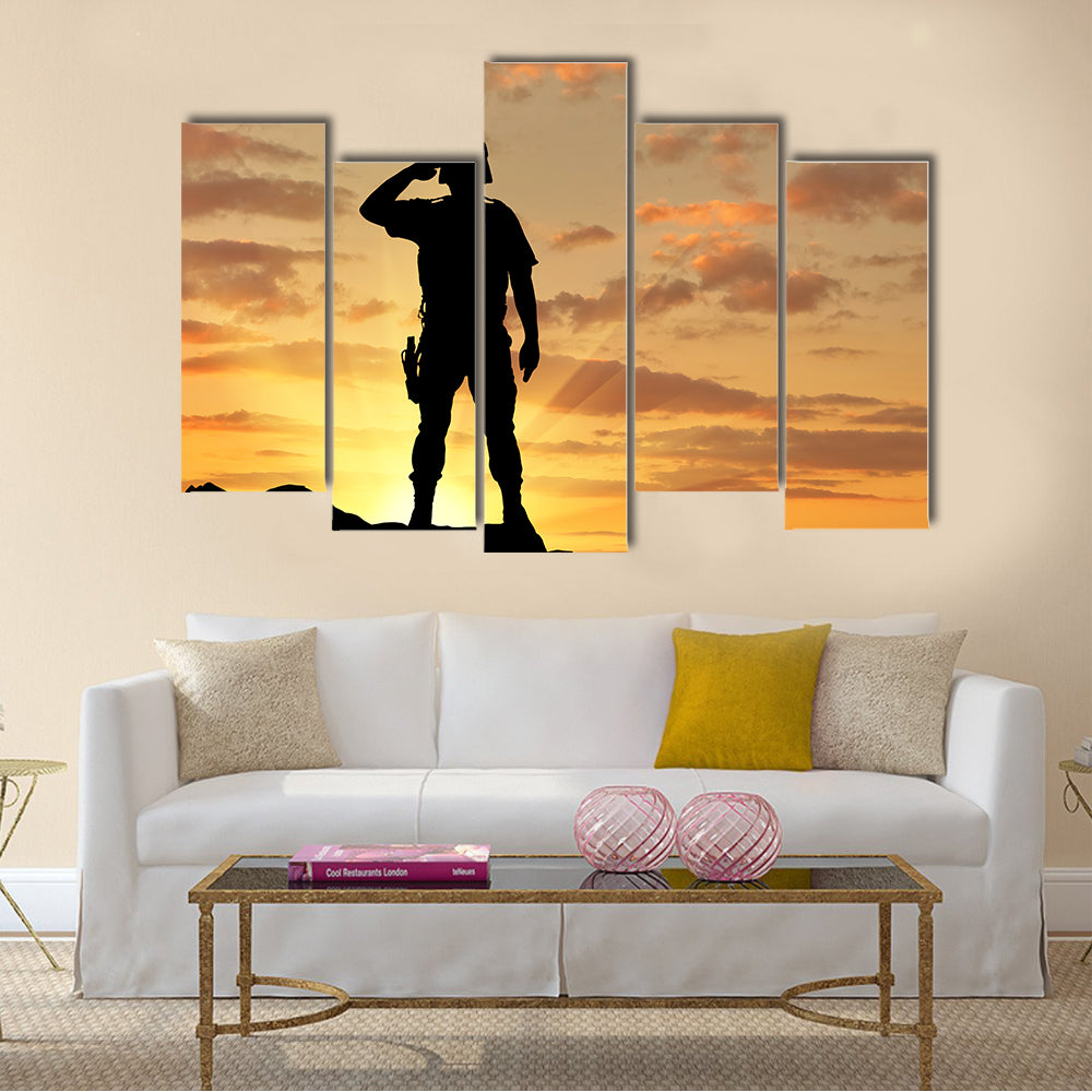 Silhouette Of A Soldier Salutes A the Sunset, Multi Panel Canvas Wall Art