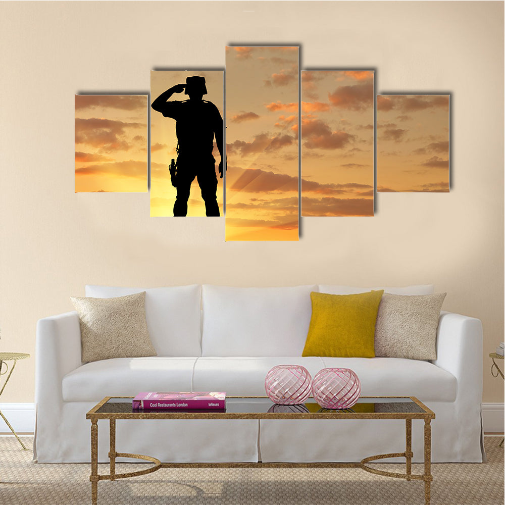 Silhouette Of A Soldier Salutes A the Sunset, Multi Panel Canvas Wall Art