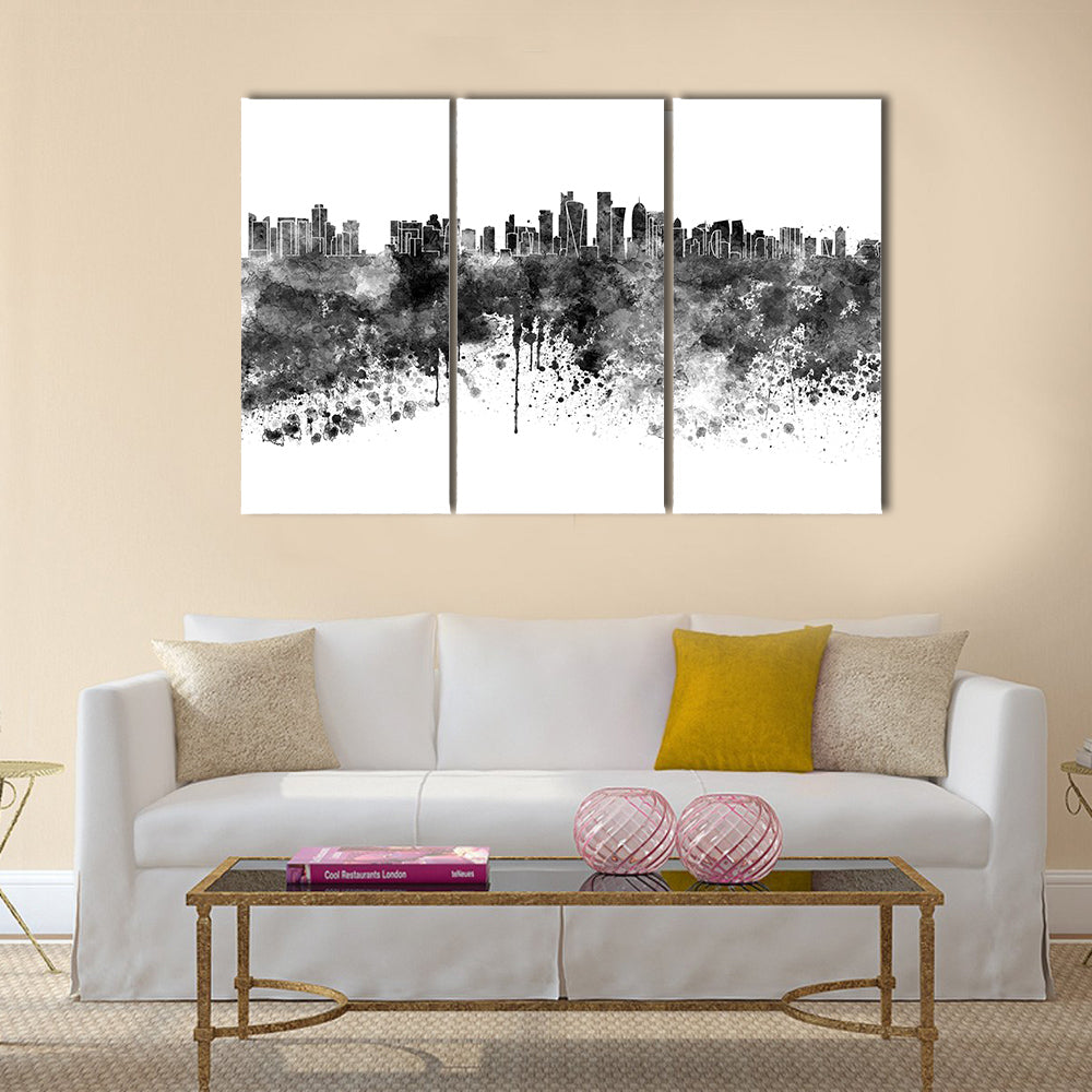 Doha skyline in black watercolor Multi panel canvas wall art