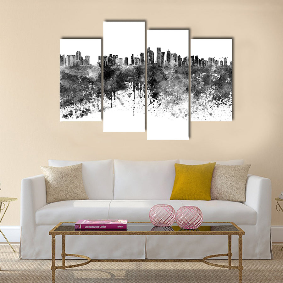 Doha skyline in black watercolor Multi panel canvas wall art