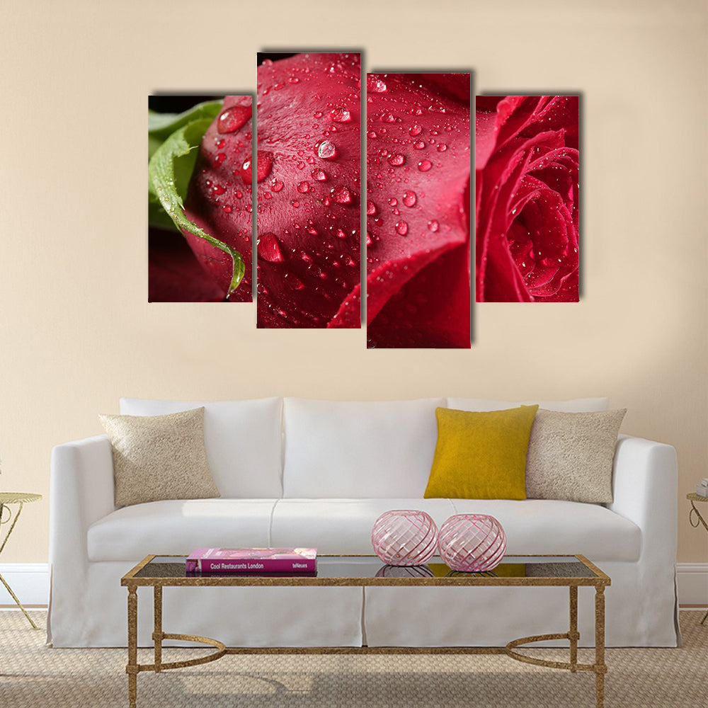 The Red Petals Of A Rose Are Covered By The Wet Dew Drops, Multi Panel Canvas Wall Art