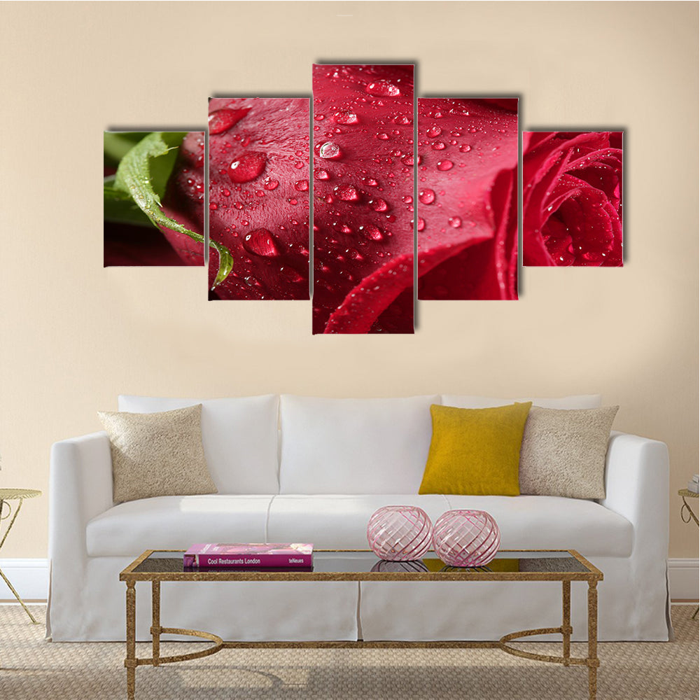 The Red Petals Of A Rose Are Covered By The Wet Dew Drops, Multi Panel Canvas Wall Art
