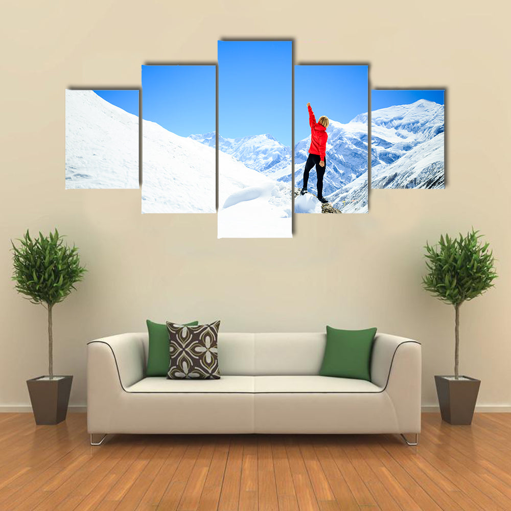 Young happy woman hiker successful on mountain Peak Summit In Nepal Multi Panel Canvas Wall Art