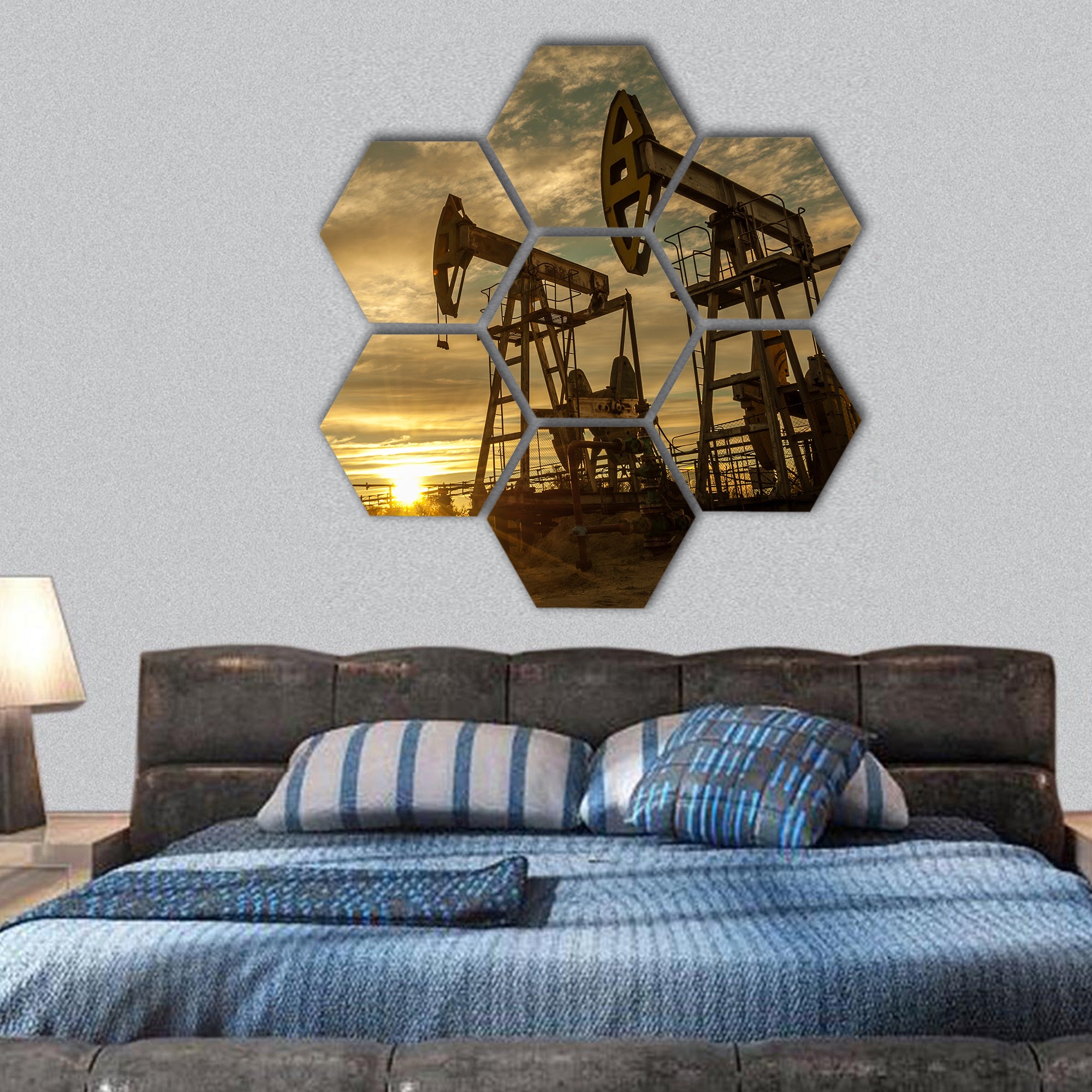 Oil pump jacks at sunset sky background hexagonal canvas wall art