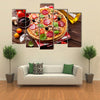 Italian pizza pepperoni tomatoes olives basil and red wine on wooden table Multi panel canvas wall art