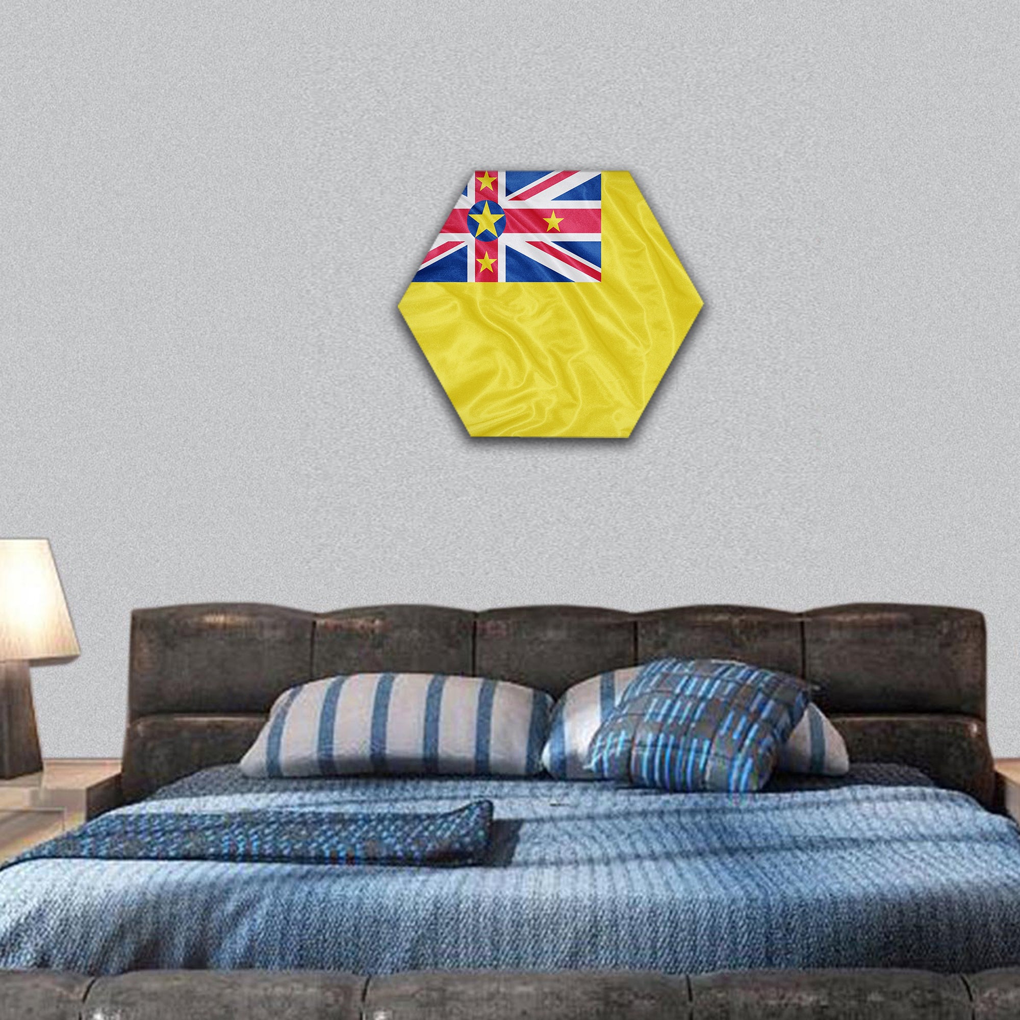 Niue flag pattern on fabric texture hexagonal canvas wall art