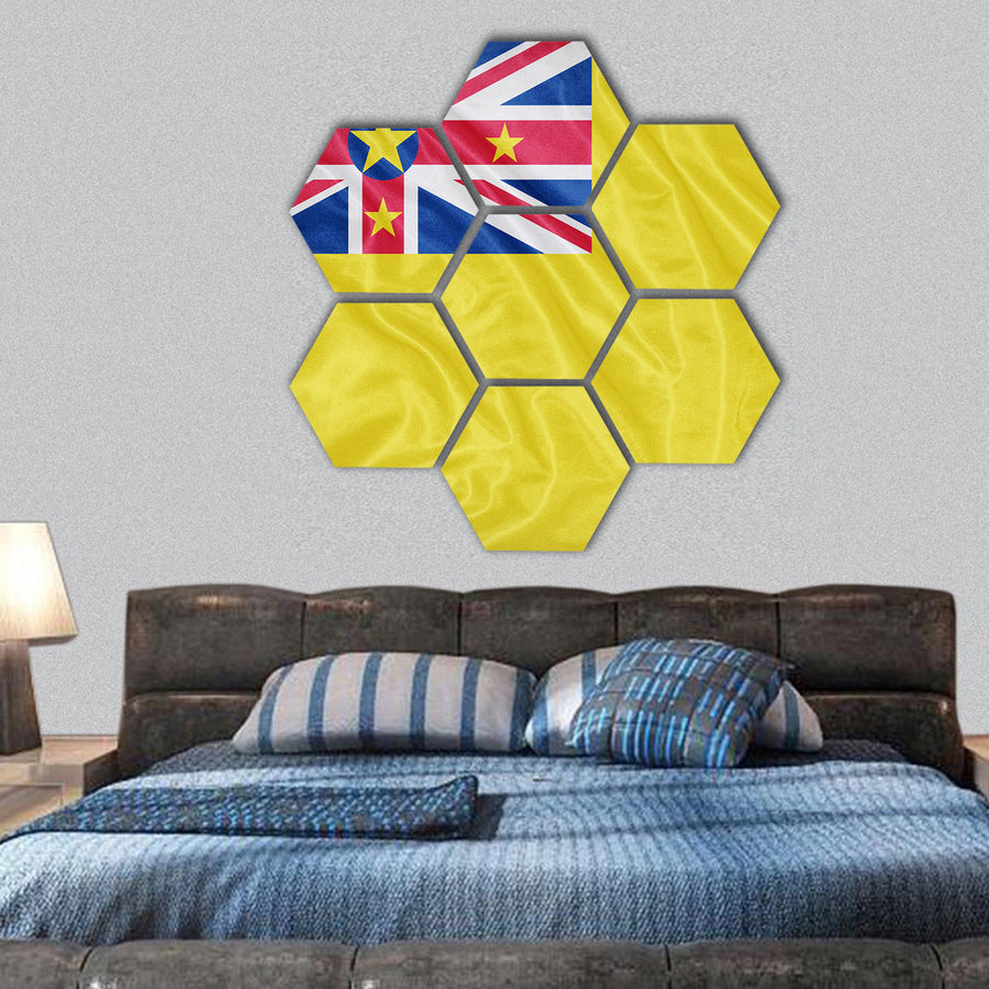 Niue flag pattern on fabric texture hexagonal canvas wall art