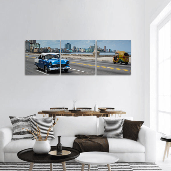 Havana, Cuba American car drive on Malecon sea front Panoramic Canvas Wall Art