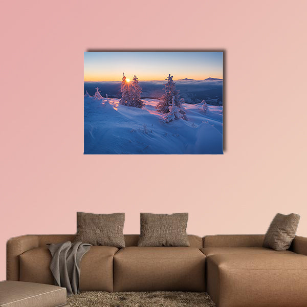 Frosty morning in mountains, Landscape with the rising sun canvas wall art