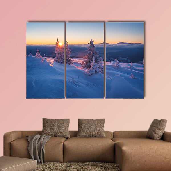 Frosty morning in mountains, Landscape with the rising sun canvas wall art