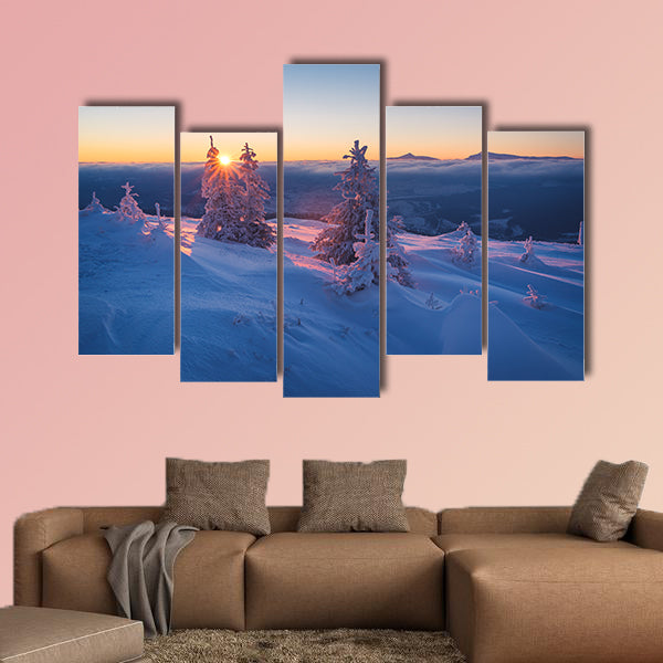 Frosty morning in mountains, Landscape with the rising sun canvas wall art
