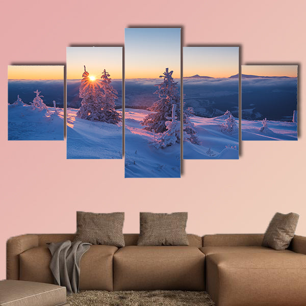 Frosty morning in mountains, Landscape with the rising sun canvas wall art
