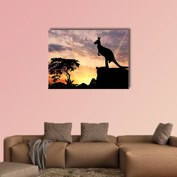 Silhouette of a kangaroo on a hill at sunset multi panel canvas wall art