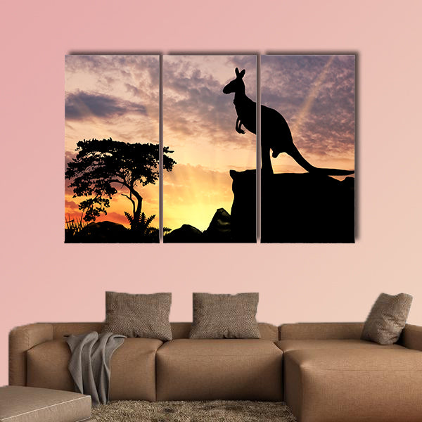 Silhouette of a kangaroo on a hill at sunset multi panel canvas wall art