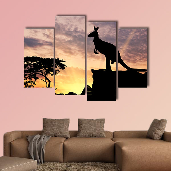 Silhouette of a kangaroo on a hill at sunset multi panel canvas wall art