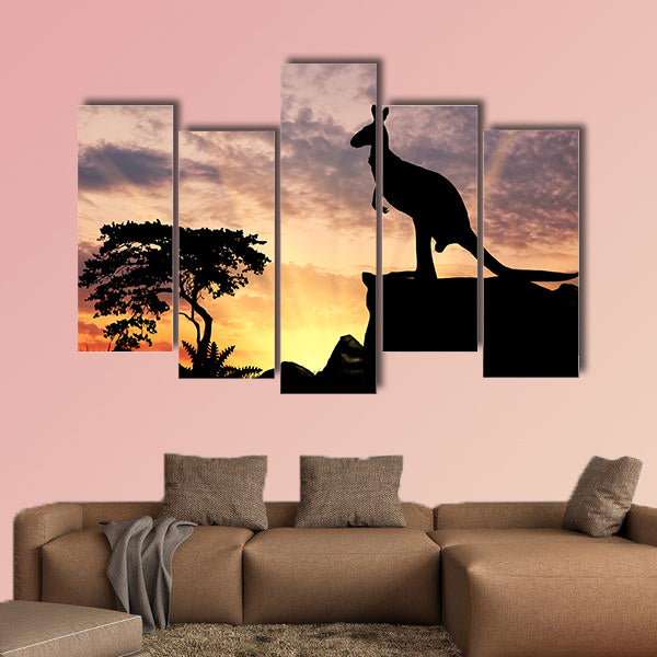 Silhouette of a kangaroo on a hill at sunset multi panel canvas wall art