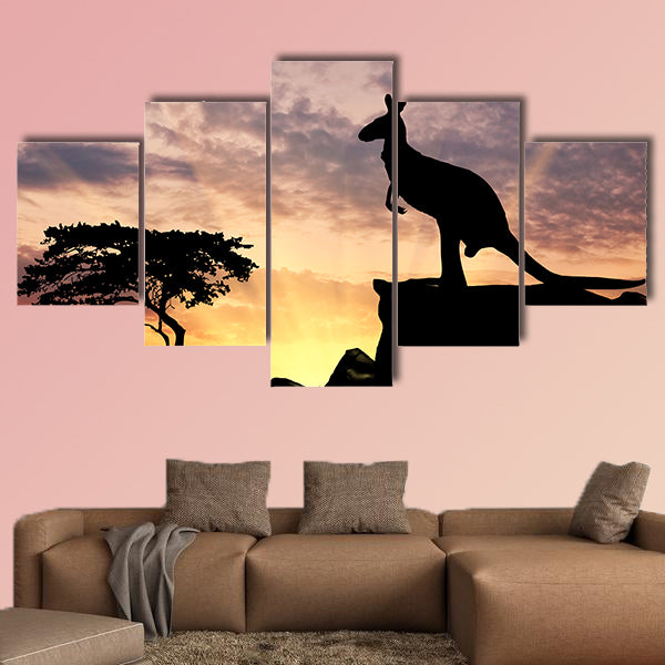 Silhouette of a kangaroo on a hill at sunset multi panel canvas wall art