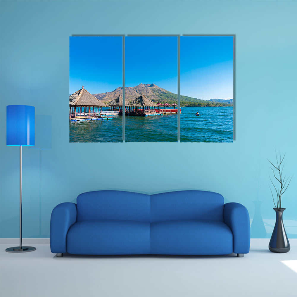 A floating restaurant at Batur Lake with blue sky Bali Indonesia multi panel canvas wall art