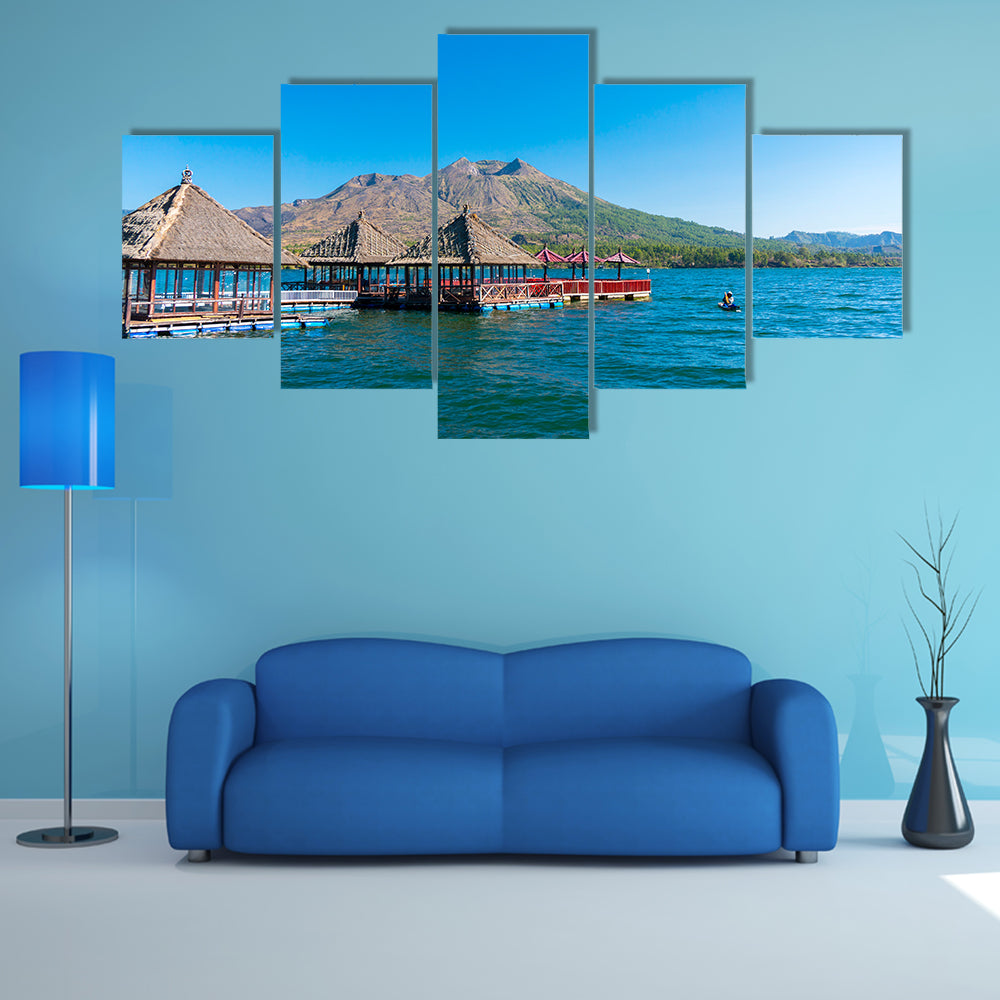 A floating restaurant at Batur Lake with blue sky Bali Indonesia multi panel canvas wall art