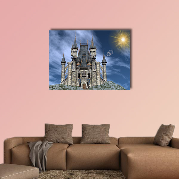 Beautiful castle upon a rocky hill by day - 3D render multi panel canvas wall art