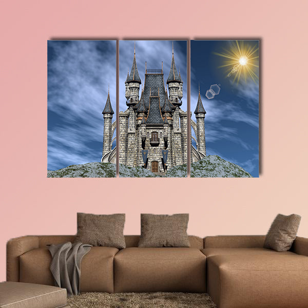 Beautiful castle upon a rocky hill by day - 3D render multi panel canvas wall art