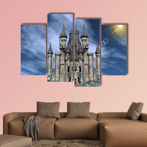 Beautiful castle upon a rocky hill by day - 3D render multi panel canvas wall art