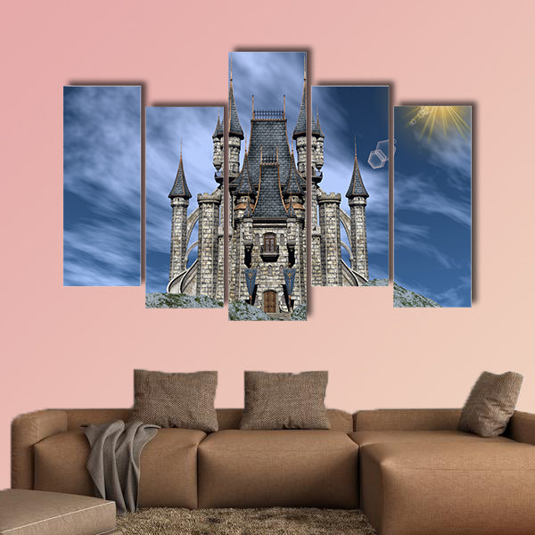 Beautiful castle upon a rocky hill by day - 3D render multi panel canvas wall art