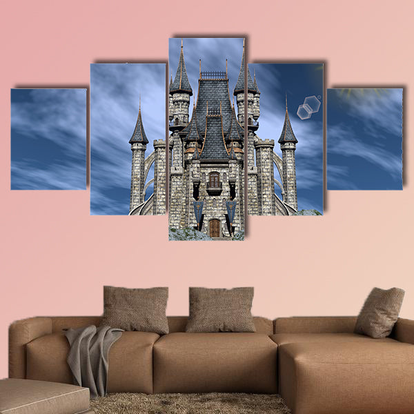 Beautiful castle upon a rocky hill by day - 3D render multi panel canvas wall art