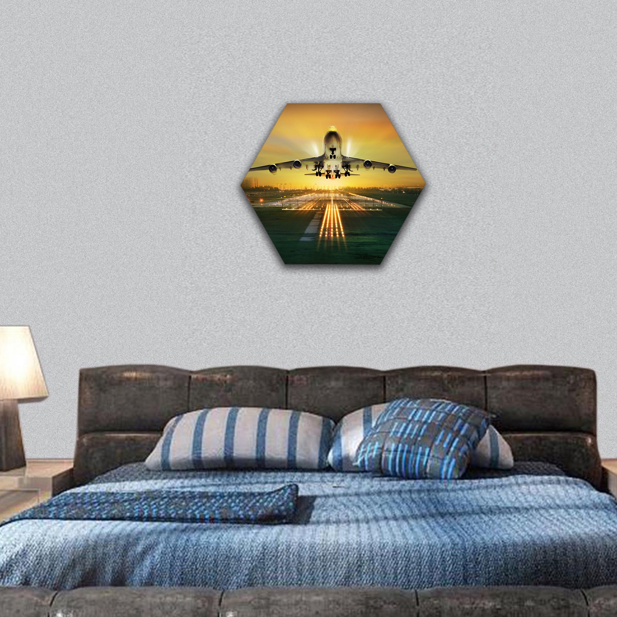Plane fly up over take-off runway hexagonal canvas wall art