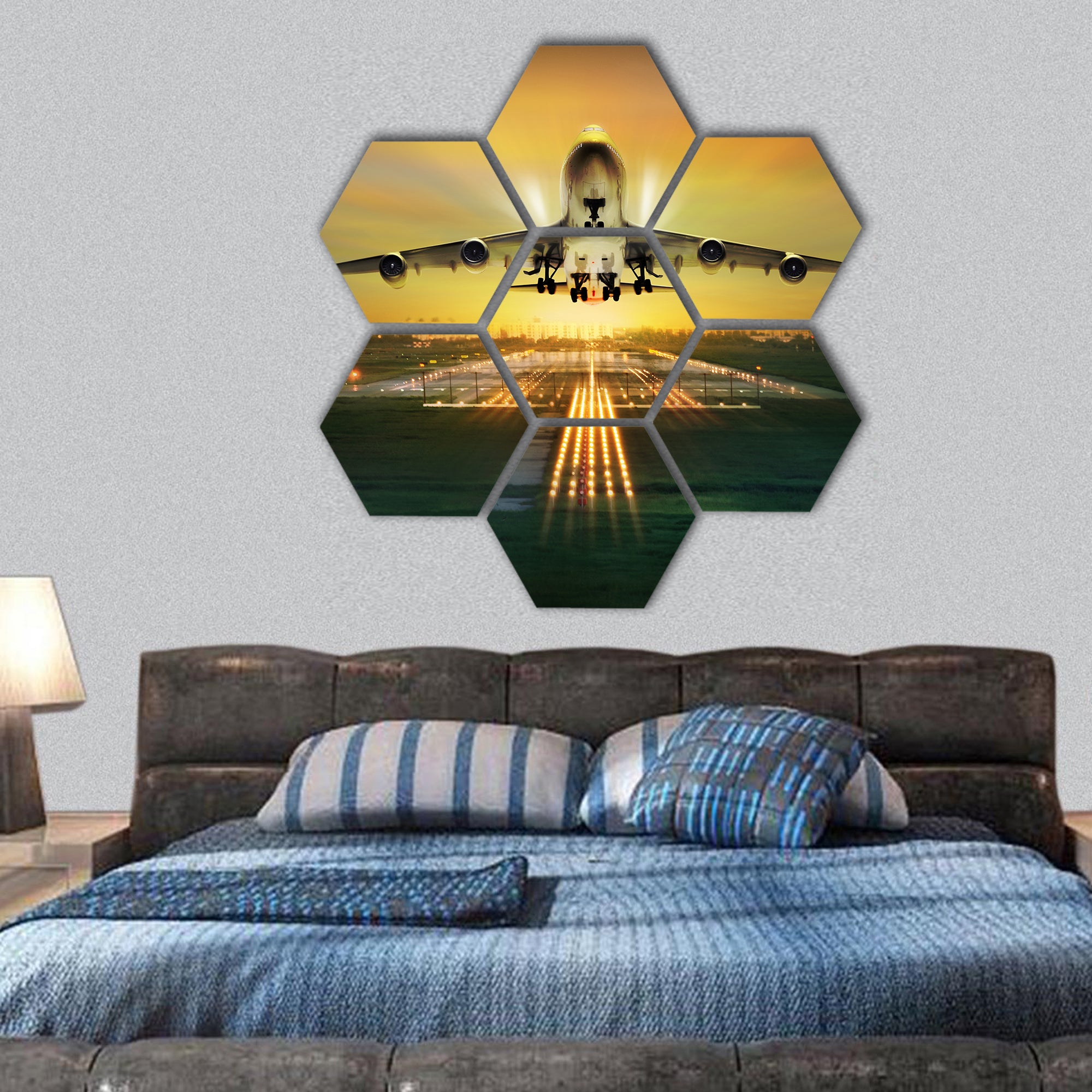 Plane fly up over take-off runway hexagonal canvas wall art