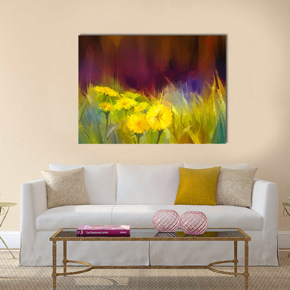 Oil painting nature grass flowers. Hand paint close up yellow dandelions, pastel floral and shallow depth of field Multi panel canvas wall art