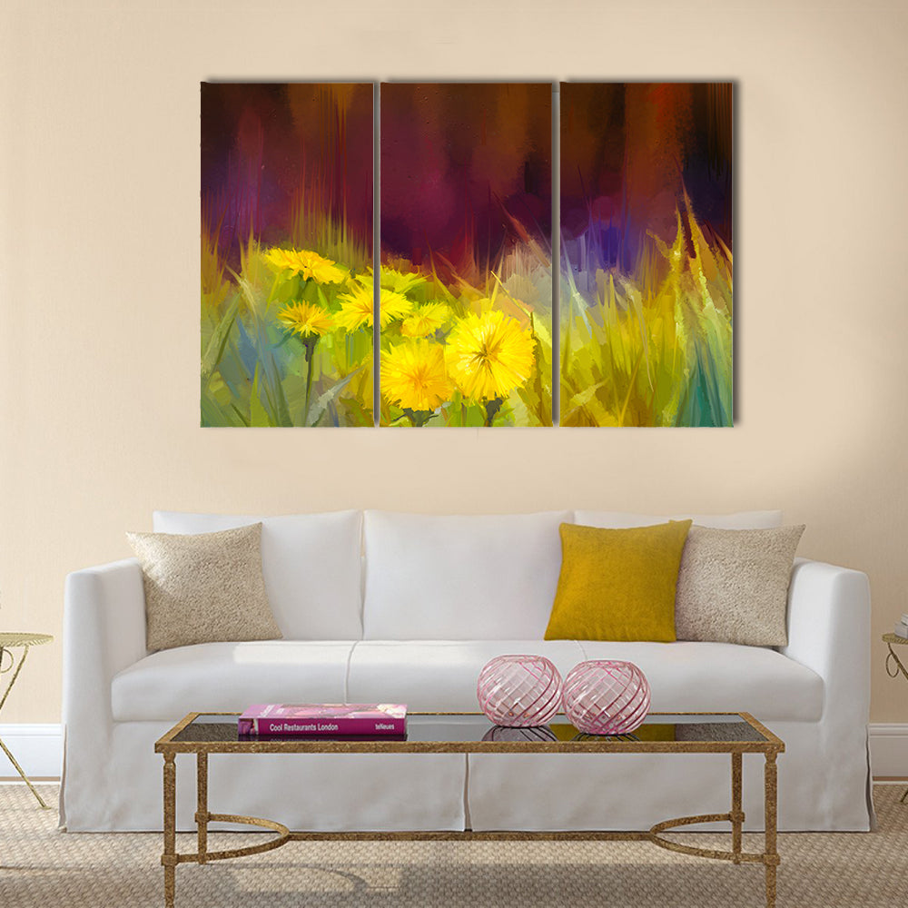 Oil painting nature grass flowers. Hand paint close up yellow dandelions, pastel floral and shallow depth of field Multi panel canvas wall art