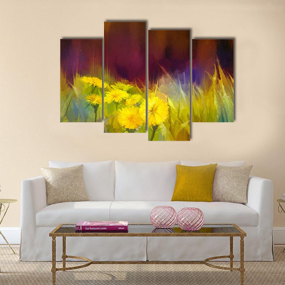 Oil painting nature grass flowers. Hand paint close up yellow dandelions, pastel floral and shallow depth of field Multi panel canvas wall art