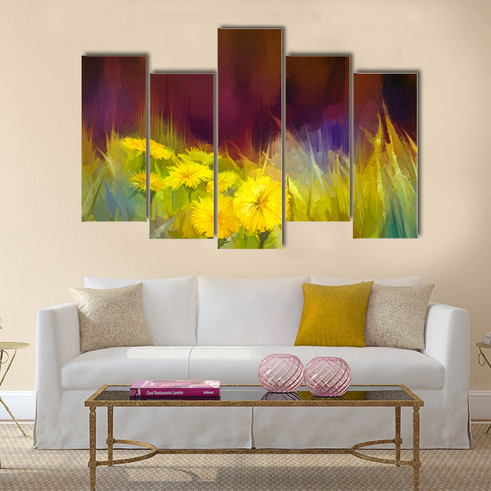 Oil painting nature grass flowers. Hand paint close up yellow dandelions, pastel floral and shallow depth of field Multi panel canvas wall art