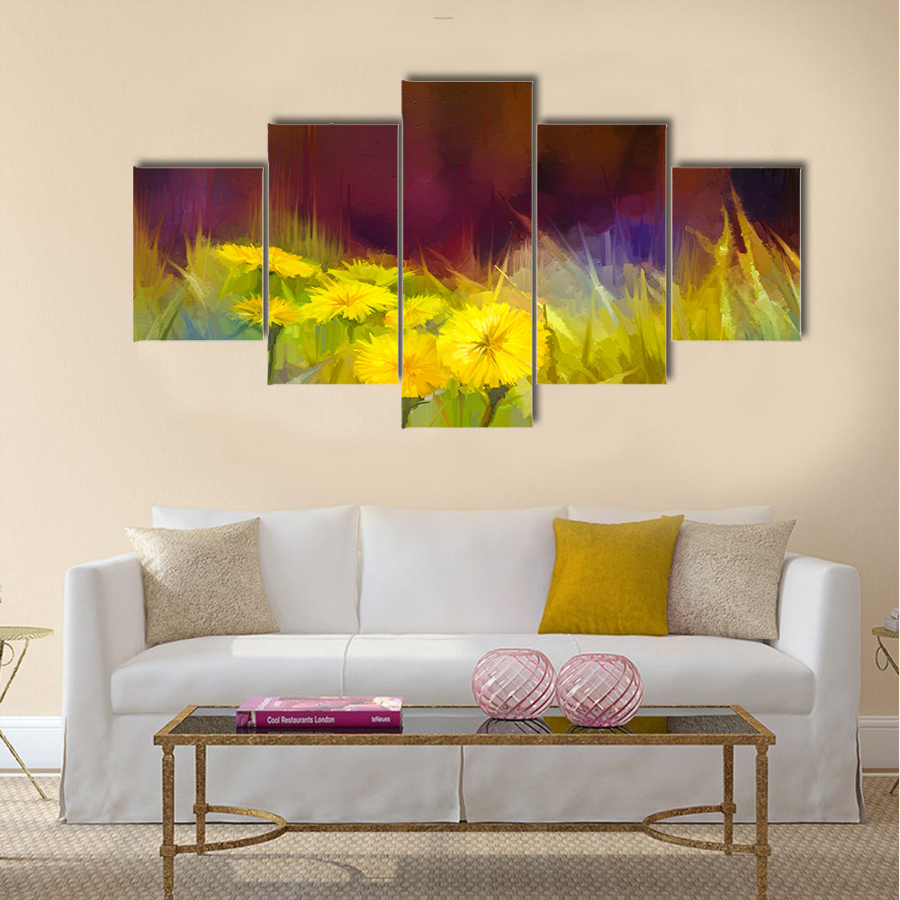 Oil painting nature grass flowers. Hand paint close up yellow dandelions, pastel floral and shallow depth of field Multi panel canvas wall art