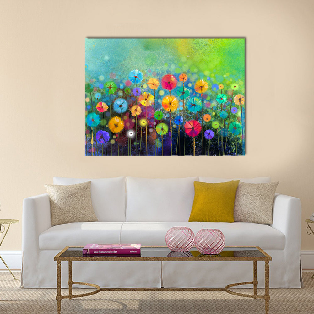 Abstract floral watercolor painting. Hand painted Yellow and Red flowers in soft color on green color background Multi panel canvas wall art