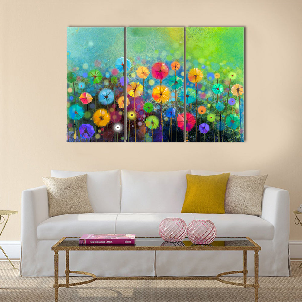 Abstract floral watercolor painting. Hand painted Yellow and Red flowers in soft color on green color background Multi panel canvas wall art