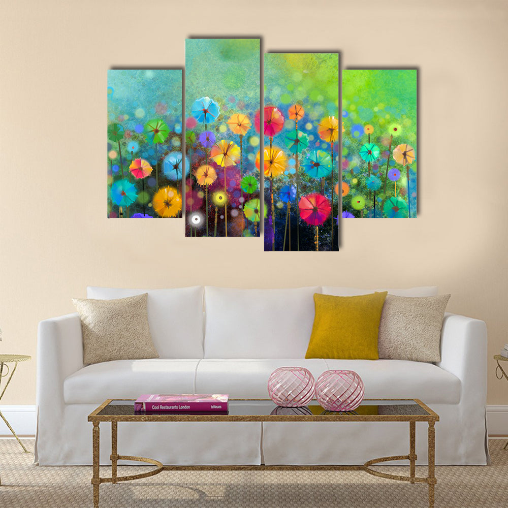 Abstract floral watercolor painting. Hand painted Yellow and Red flowers in soft color on green color background Multi panel canvas wall art