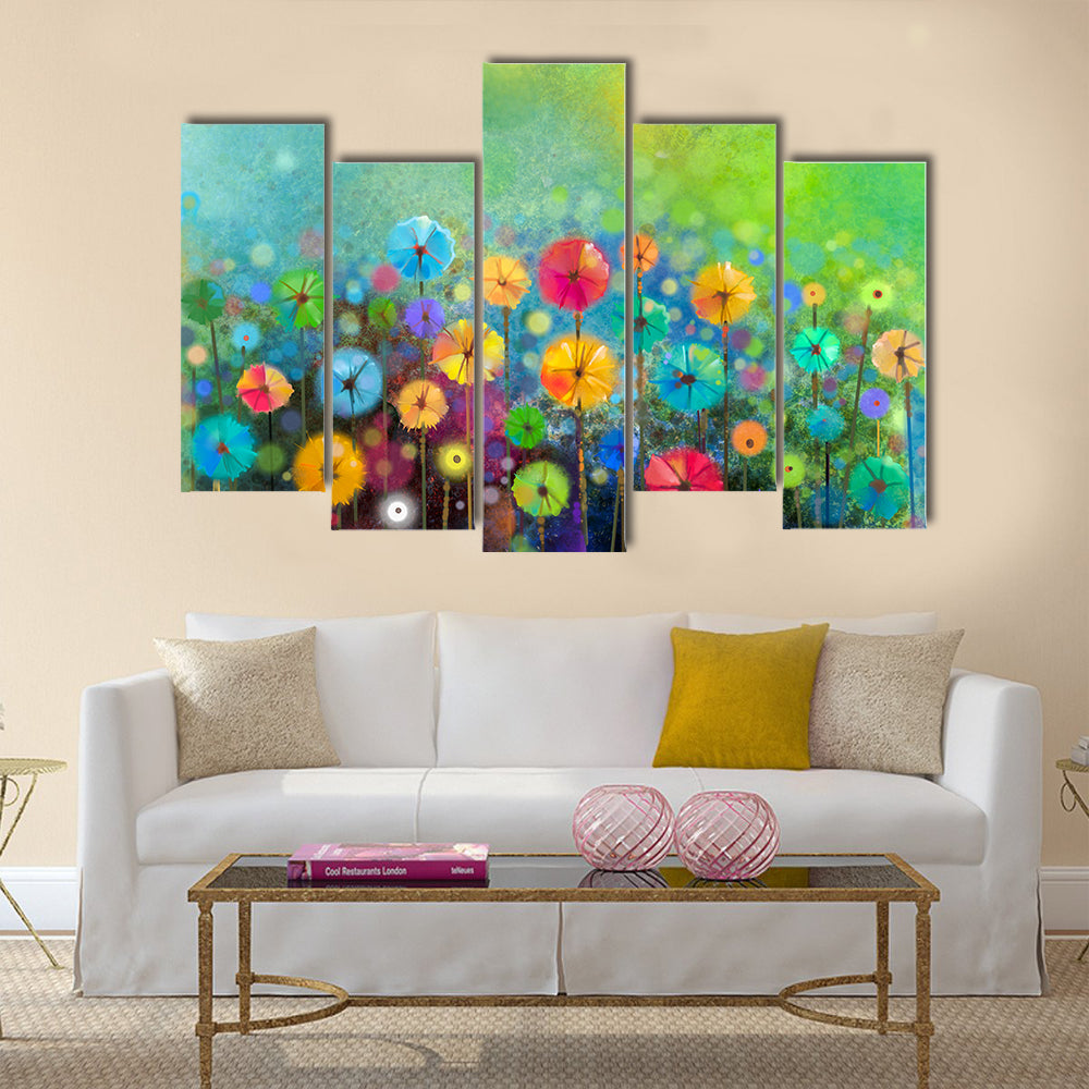 Abstract floral watercolor painting. Hand painted Yellow and Red flowers in soft color on green color background Multi panel canvas wall art